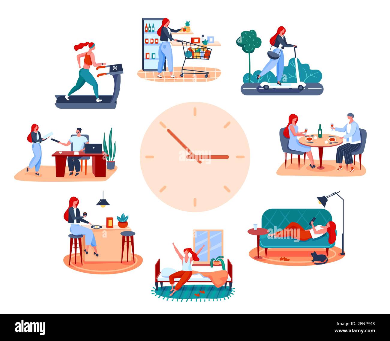 Woman routine. Eating breakfast, going to work, working out, having romantic dinner. Young girl daily activities vector illustration. Time schedule, female character lifestyle, daily life Stock Vector