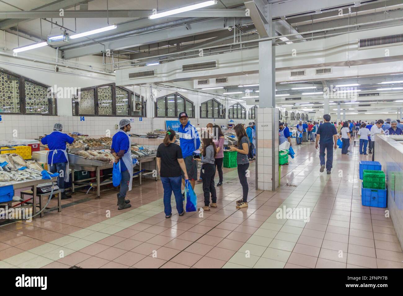 ABU DHABI, UAE MARCH 9, 2017 Fish stalls at Al Mina fish market in