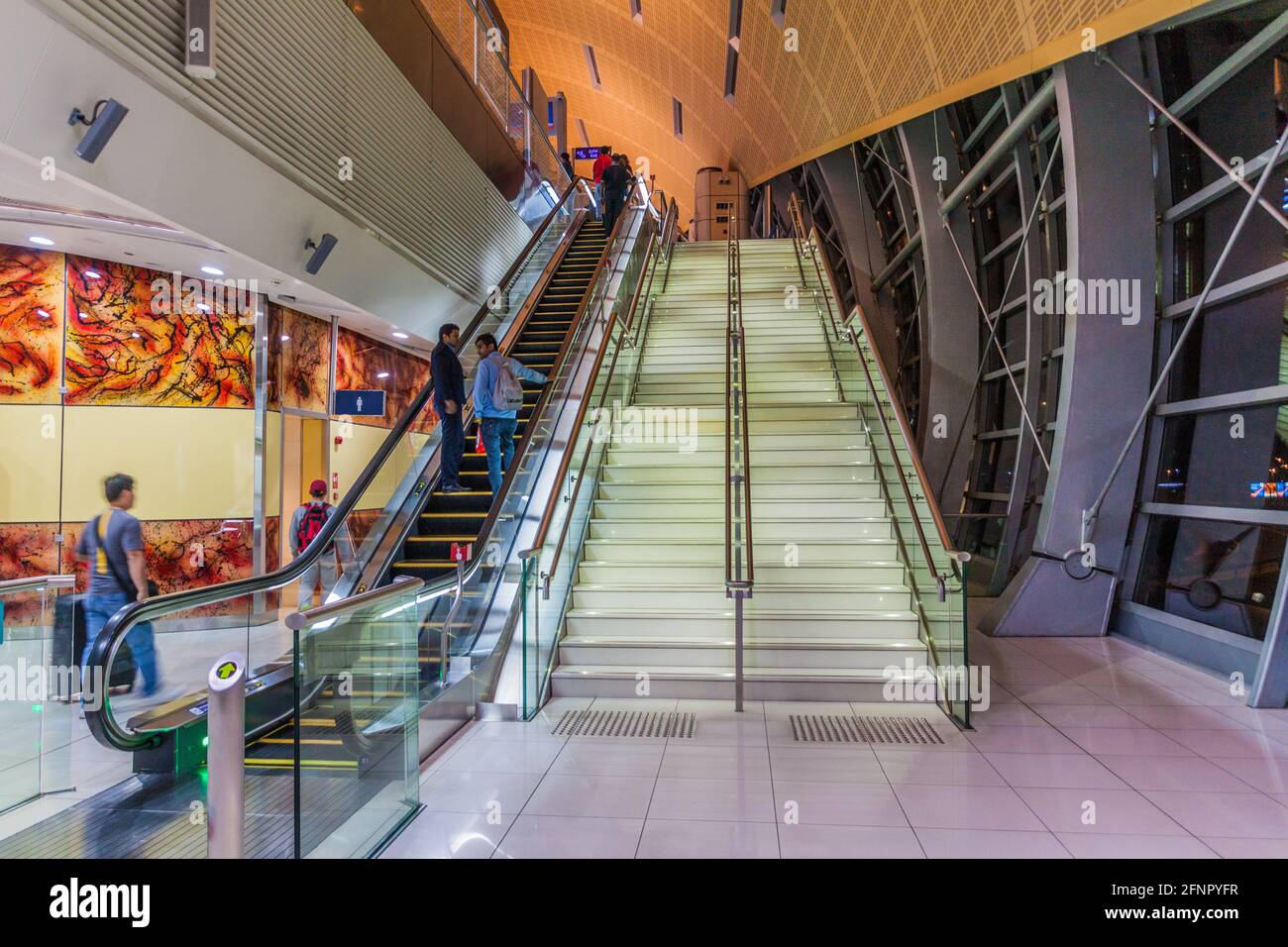 DUBAI, UAE - MARCH 11, 2017: Escalators at a metro station in Dubai, UAE. Stock Photo
