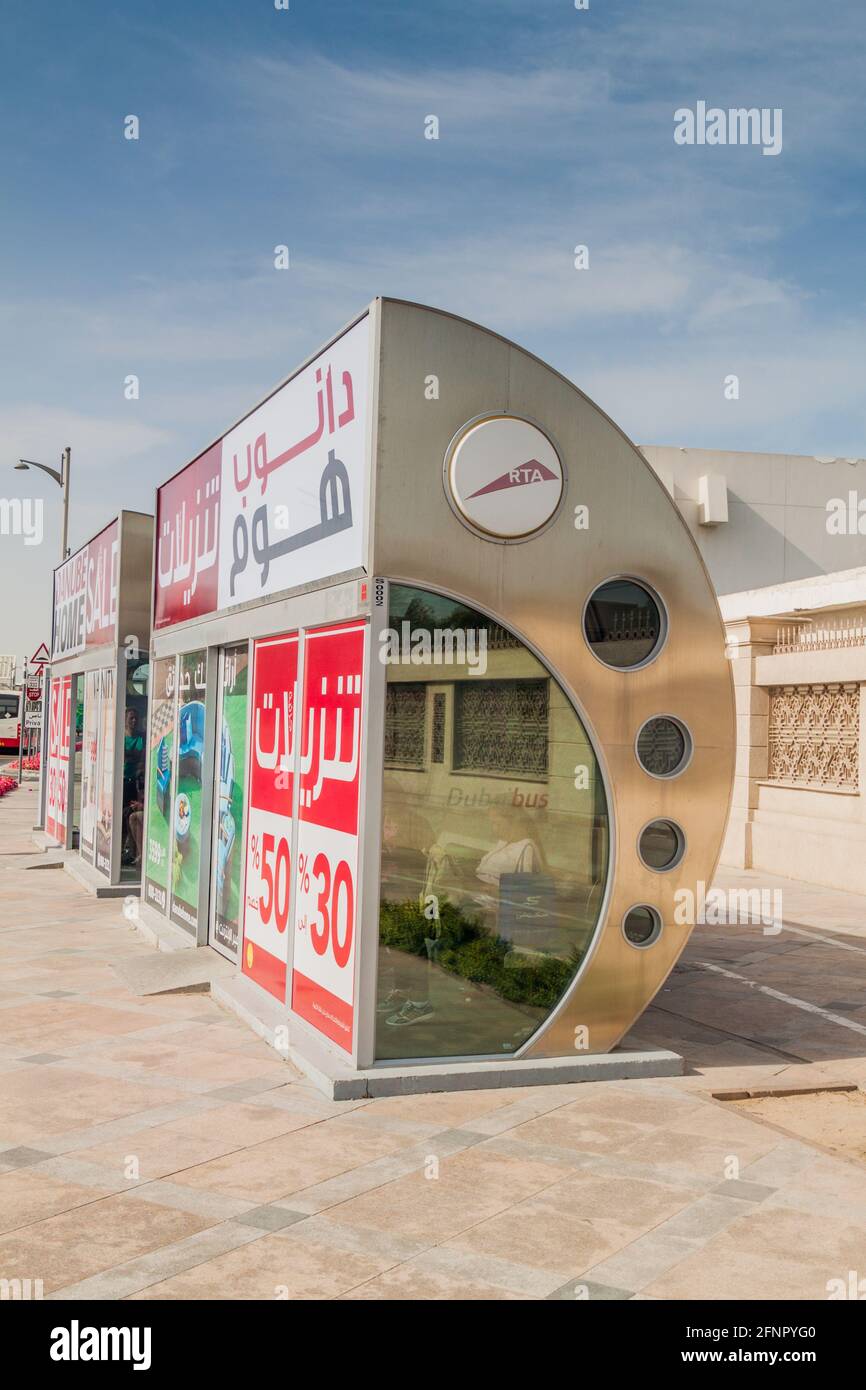 DUBAI, UAE MARCH 12, 2017 Air conditioned bus stop in Dubai, United