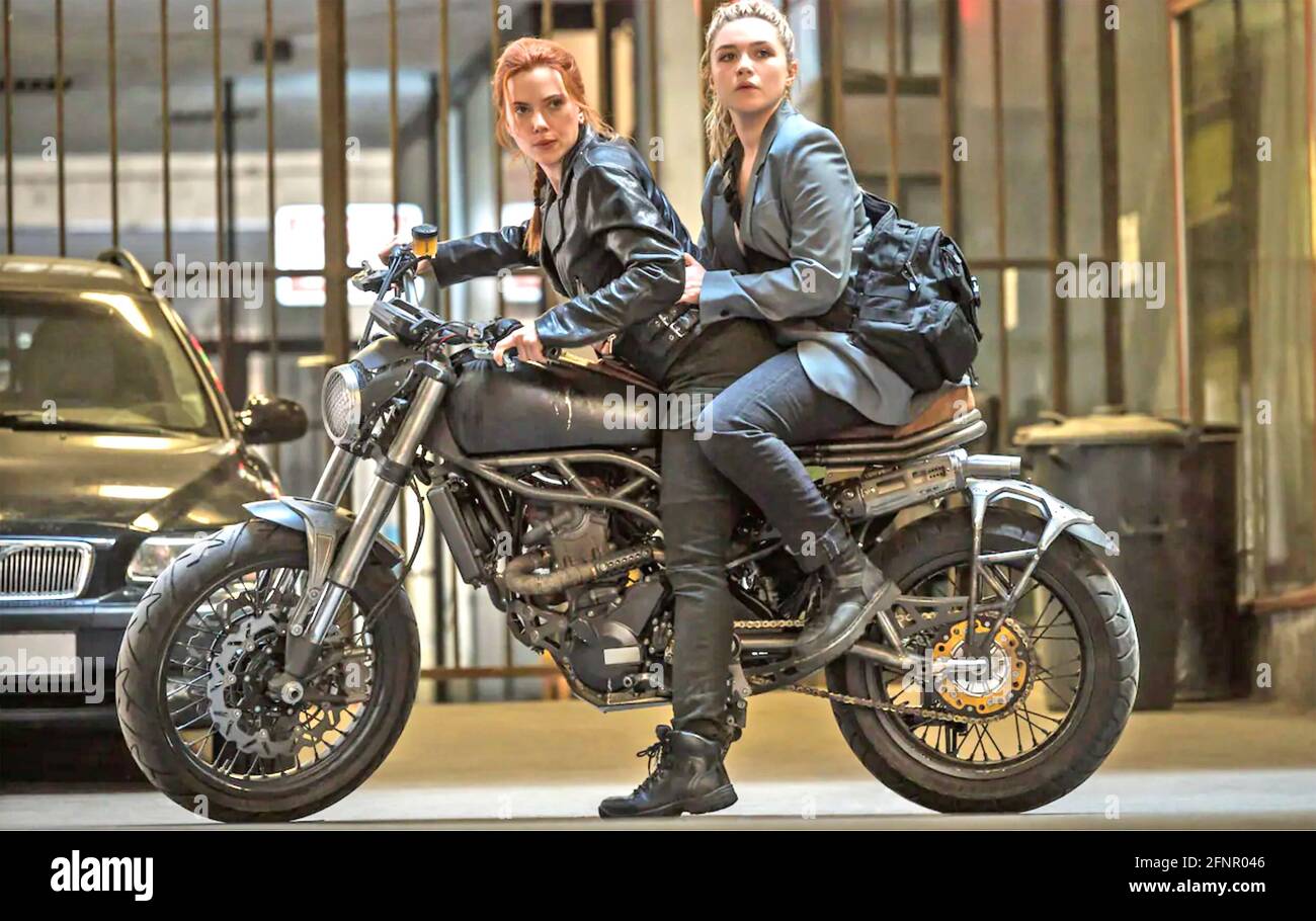 BLACK WIDOW 2021 Walt Disney Studios Motion Pictures film with Scarlett Johansson at left and Florence Pugh Stock Photo