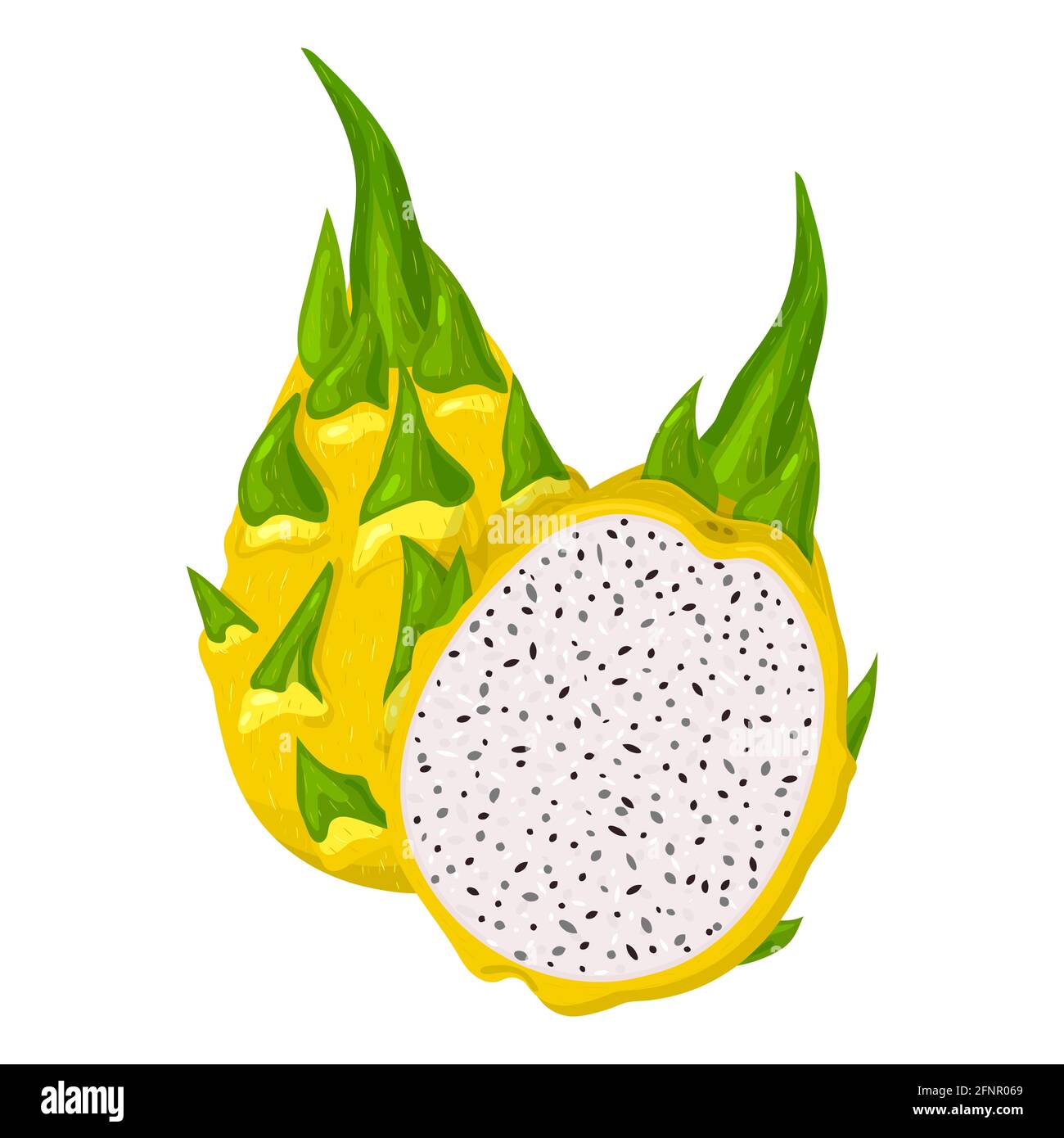 Fresh whole and half cut yellow pitaya fruits isolated on white ...