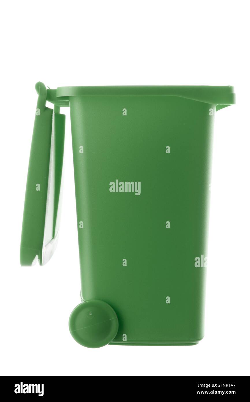 Plastic green trash can isolated on white background Stock Photo Alamy