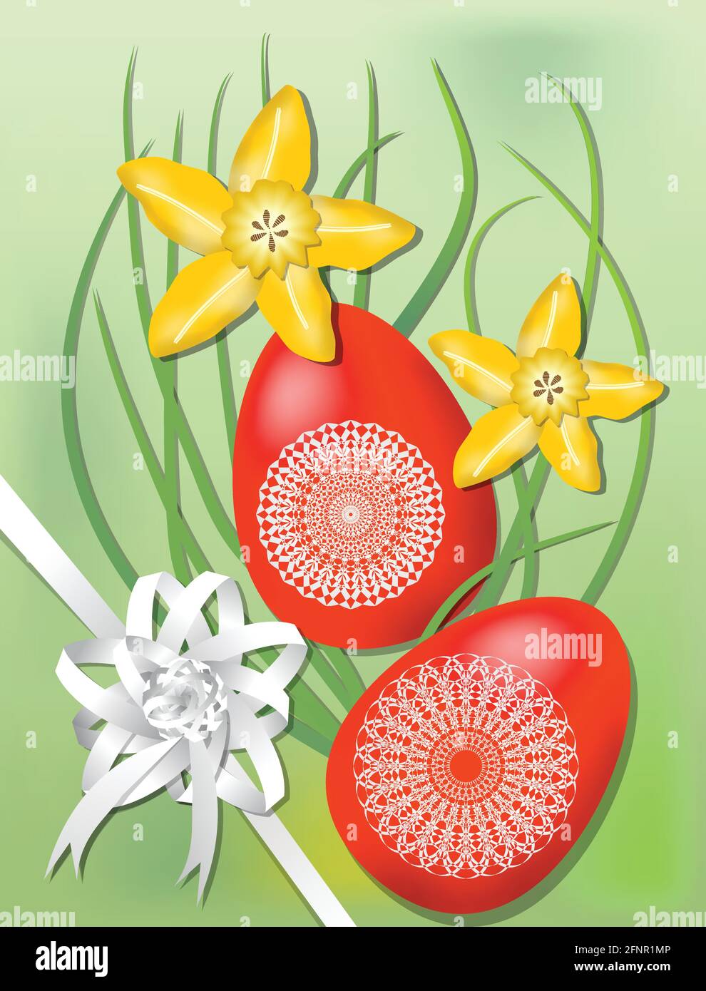 Easter motif with yellow daffodils, two red colored eggs and white ribbon Stock Vector