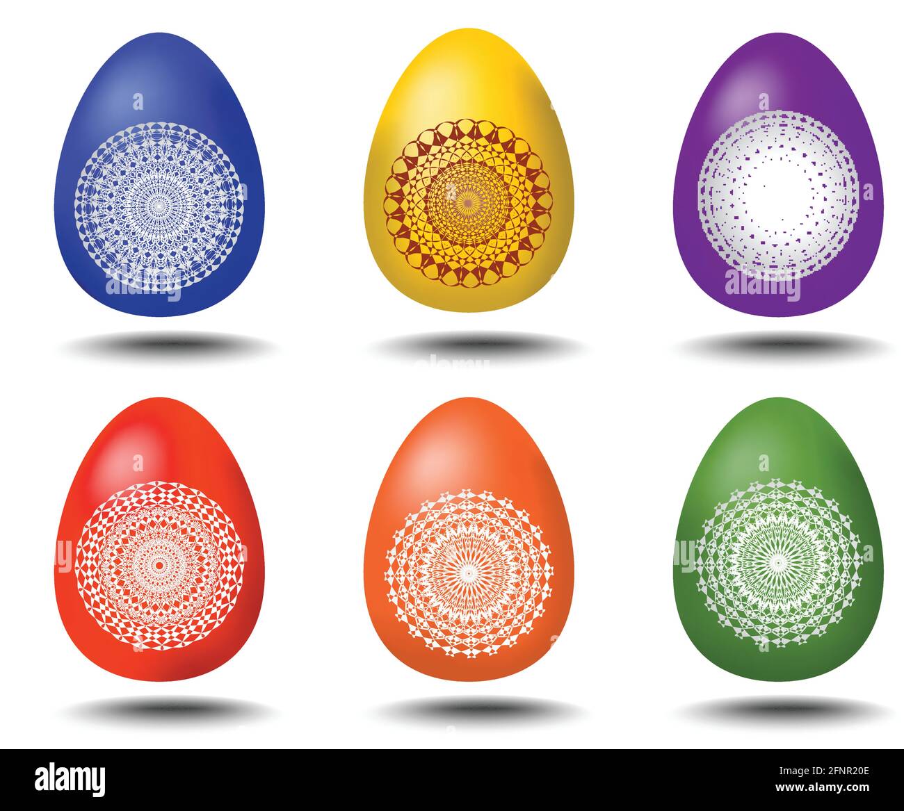 A set of six colored eggs with geometric patterns and shadows for easter design Stock Vector