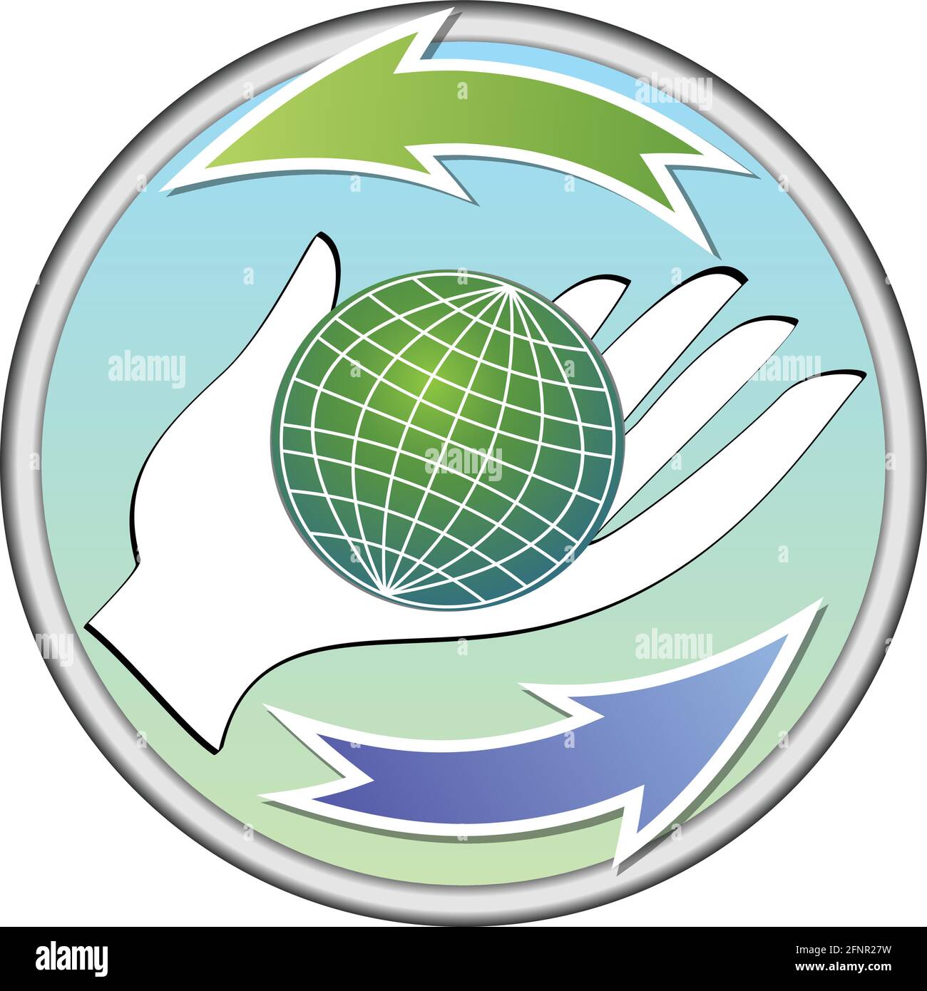 Ecologic circle emblem with a globe on palm and two arrows Stock Vector