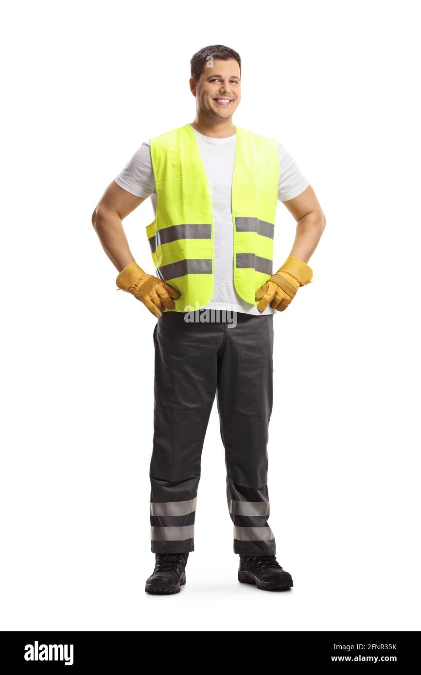 Full length portrait of a waste collector in a uniform and gloves isolated on white background Stock Photo