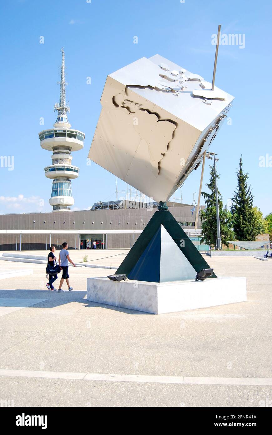 World cube sculpture and Telecomunications Tower, Thessaloniki, Chalkidiki, Central Macedonia, Greece Stock Photo