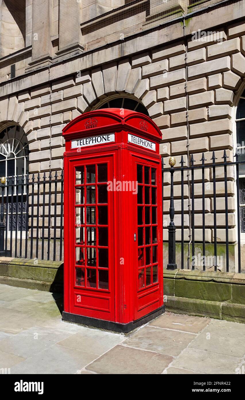 Traditional red telephone box in Liverpool, UK Stock Photo