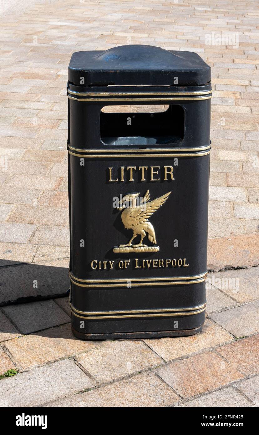 City of Liverpool litter bin with traditional liverbird logo Stock Photo