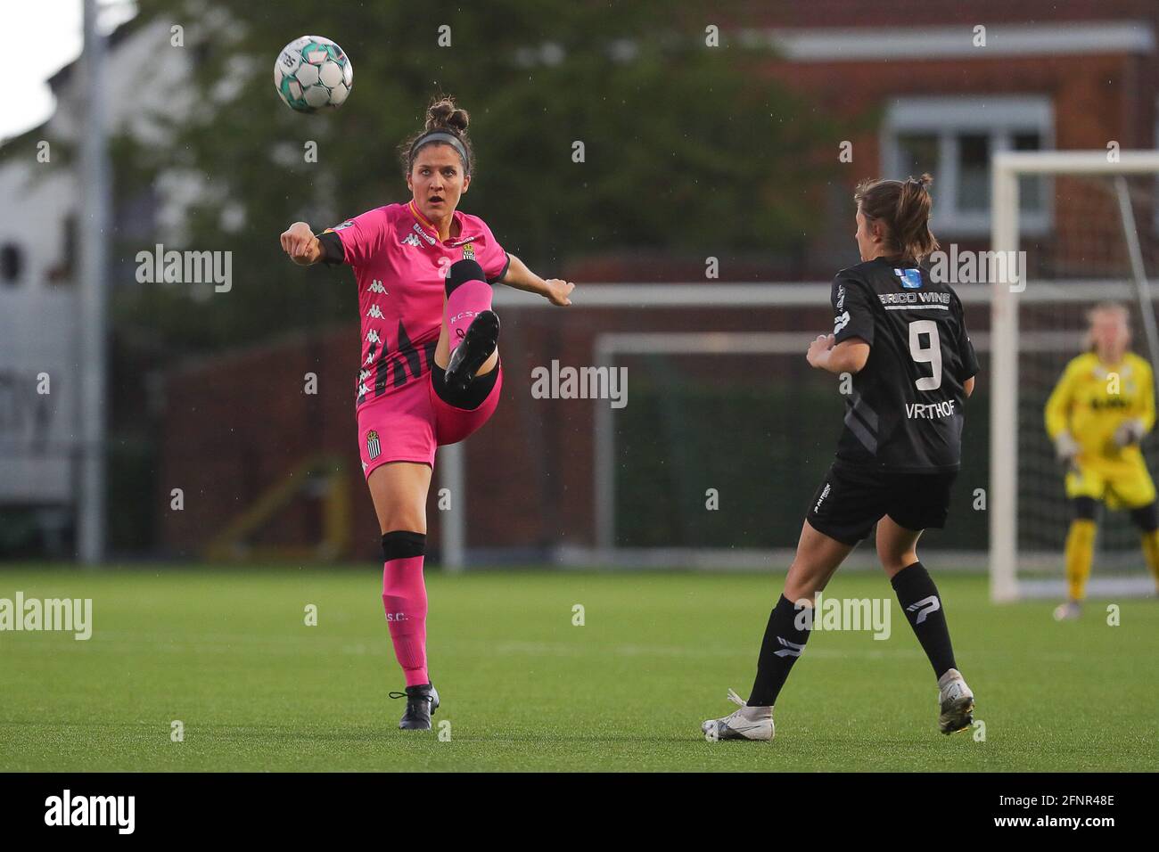 Marcinelle, Belgium. 14th May, 2021. Madison Hudson (8) of Charleroi and  Kenza Vrithof (9) of Woluwe pictured during a female soccer game between  Sporting Charleroi and White Star Woluwe on the 7