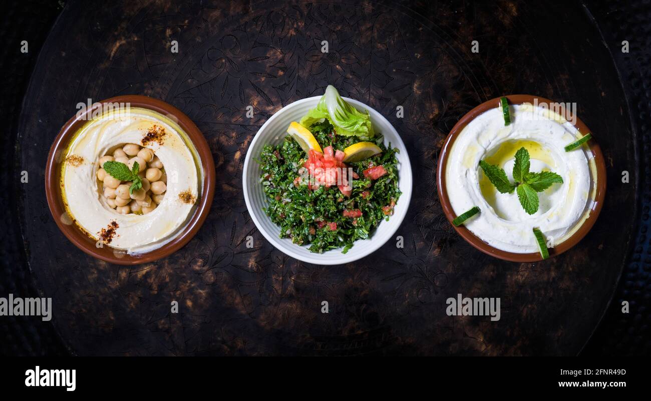 Mix of mezze: hummus, Haydari and Tabbouleh Stock Photo