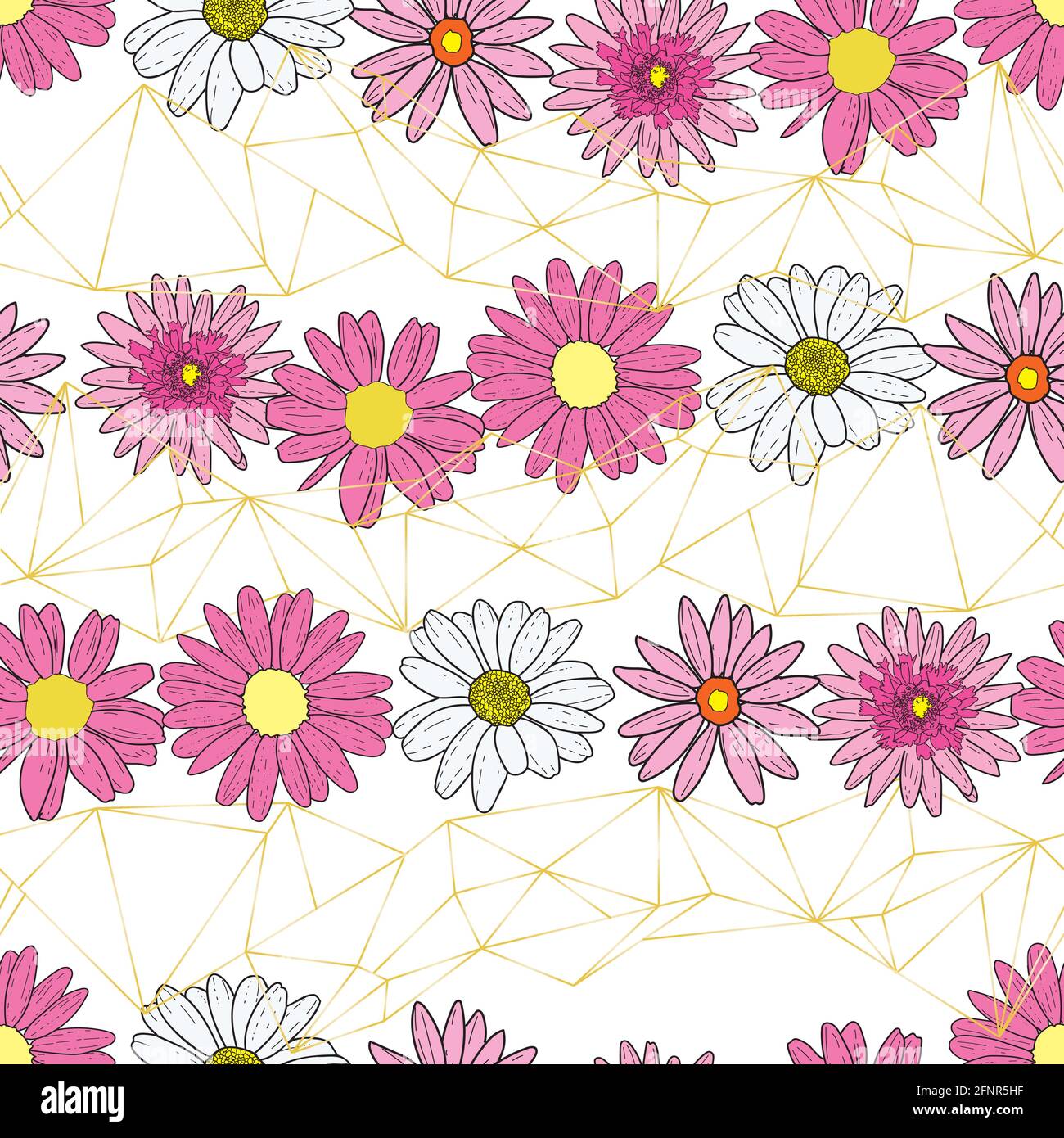 Vector white background pink daisy flowers and wild flowers. Seamless ...