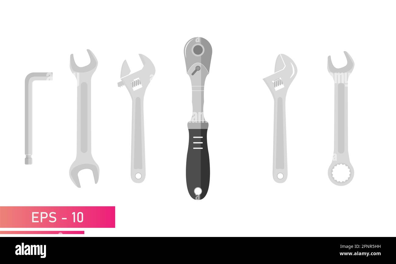 A set of spanners. Ratchet wrench, hexagon wrench, adjustable wrench, ordinary wrench. Realistic design. On a white background. Devices for the Stock Vector