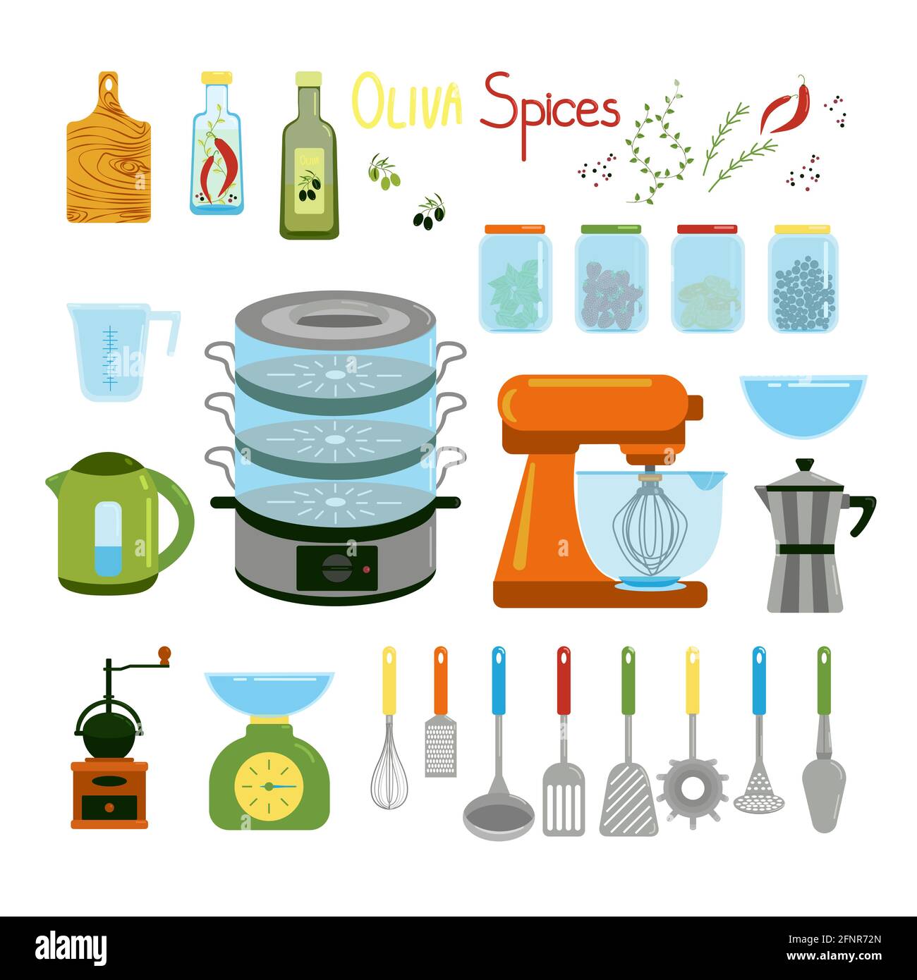 https://c8.alamy.com/comp/2FNR72N/kitchen-items-kettle-mixer-geyser-coffee-maker-steamer-captive-and-various-spatulas-for-cooking-spices-in-jars-and-olive-oil-vector-clipart-in-2FNR72N.jpg