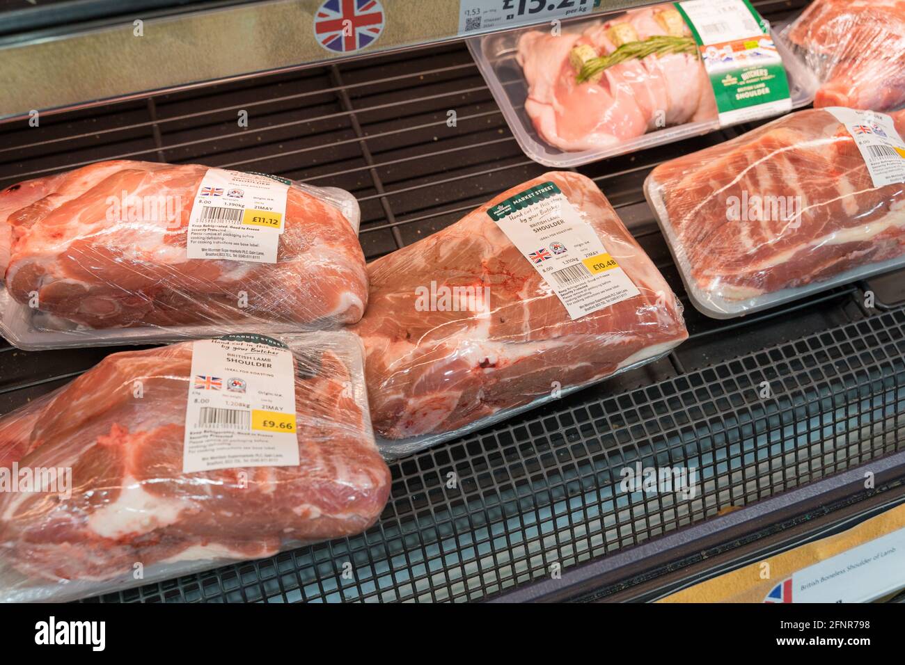 raw meat british lamb shoulder for sale in supermarket, Morrisons Stock Photo