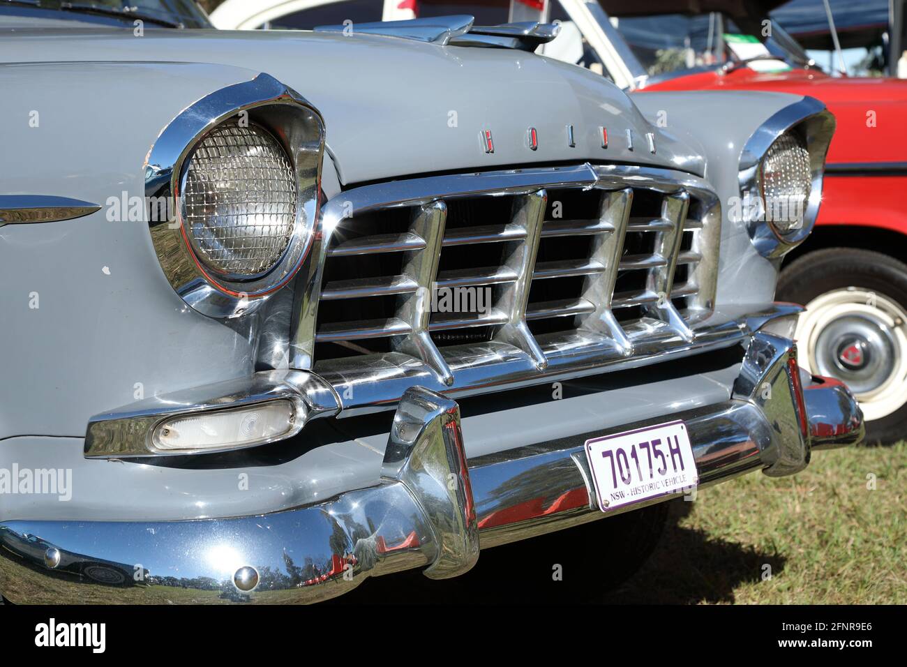 East Kurrajong, NSW, Australia - 16 May 2021. The front of a vintage Holden FC showing the detail of the grill, lights and bumper. Stock Photo