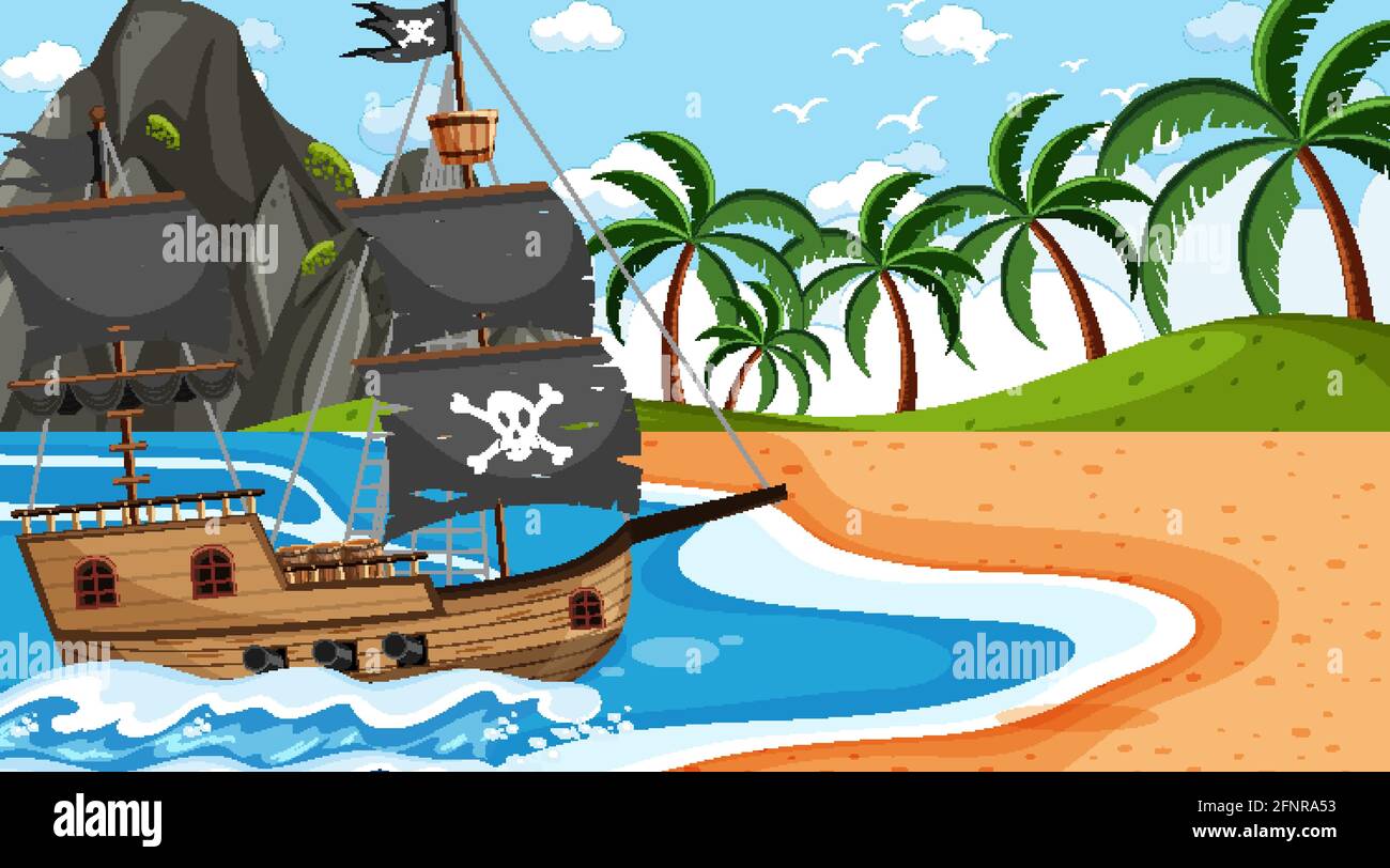 Ocean with Pirate ship at day time scene in cartoon style illustration  Stock Vector Image \u0026 Art - Alamy, image size:1300x812