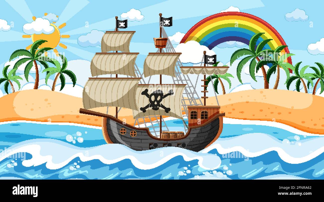 Ocean scene at day time with Pirate ship in cartoon style illustration ...