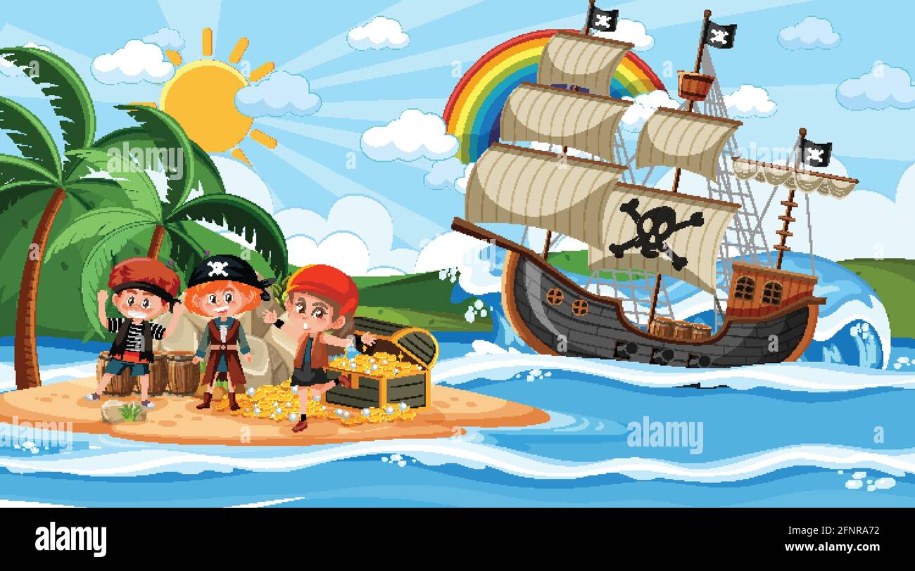 Treasure Island scene at daytime with Pirate kids illustration Stock ...