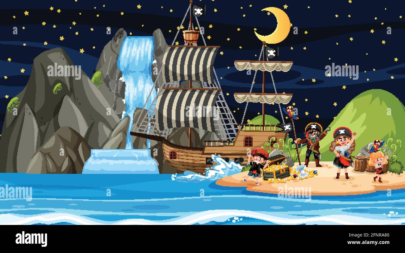 Treasure Island scene at night with Pirate kids illustration Stock ...