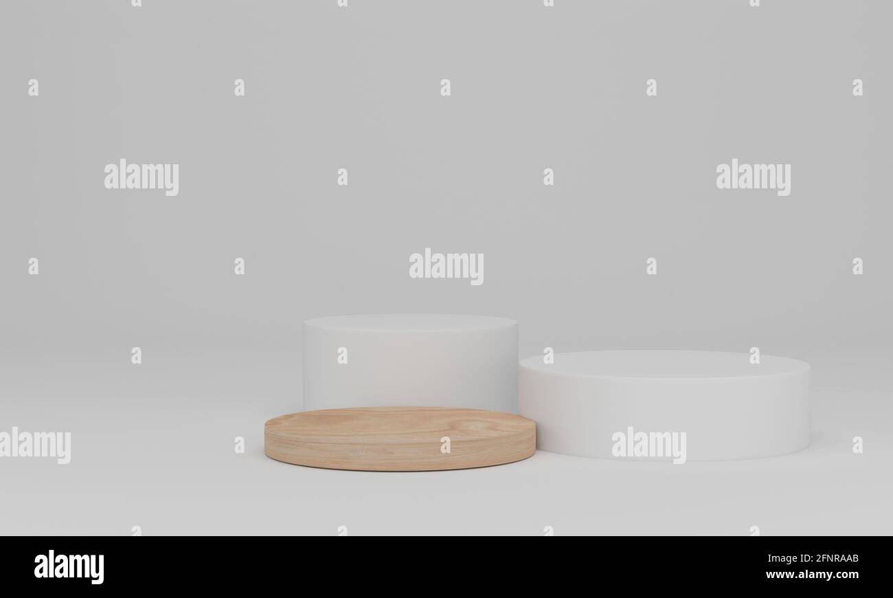 3d rendering. Wood podium on white background. Abstract minimal scene with geometric. Pedestal or platform for display, product presentation, mock up, Stock Photo