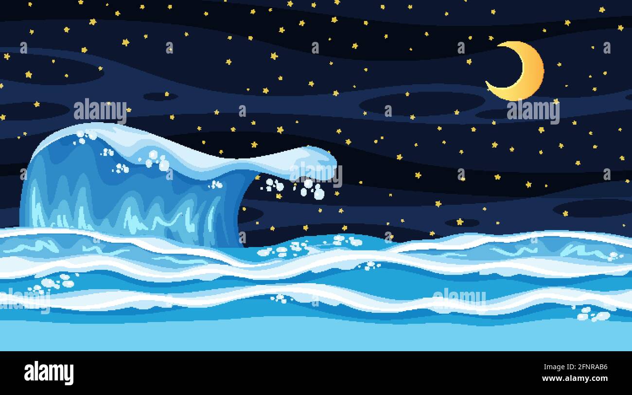 Beach landscape at night scene with ocean wave illustration Stock ...