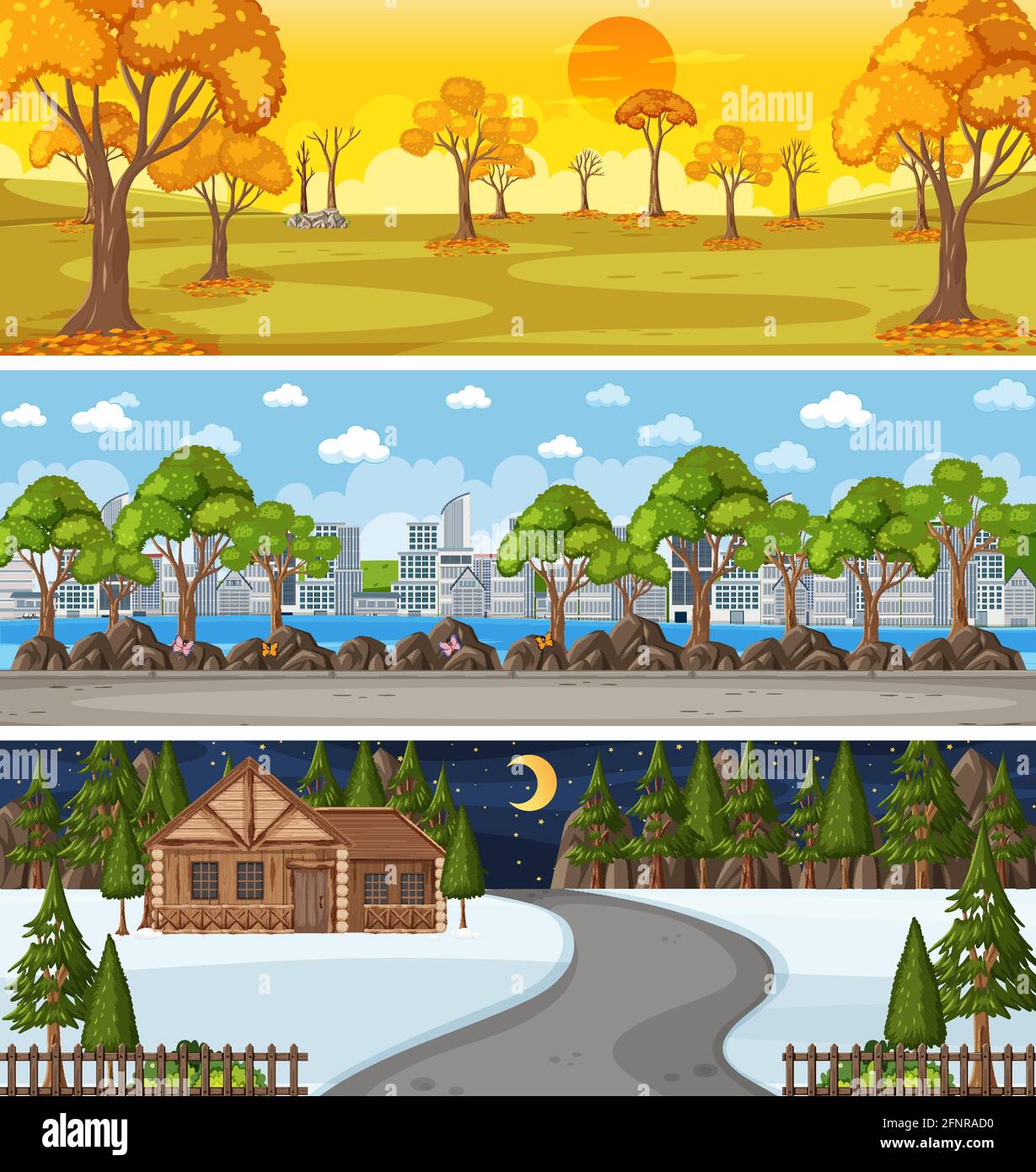 Set of different nature horizontal scenes illustration Stock Vector