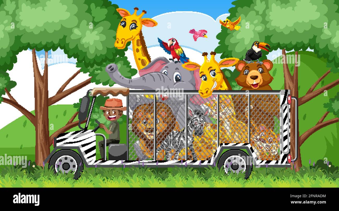 Safari scene with wild animals in the cage car illustration Stock Vector  Image & Art - Alamy