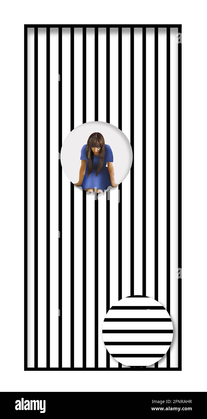 A girls leans out of an opening created in a wall of stripes. A circle of stripes that was cut out is seen on the floor. This is a 3-D illustration ab Stock Photo
