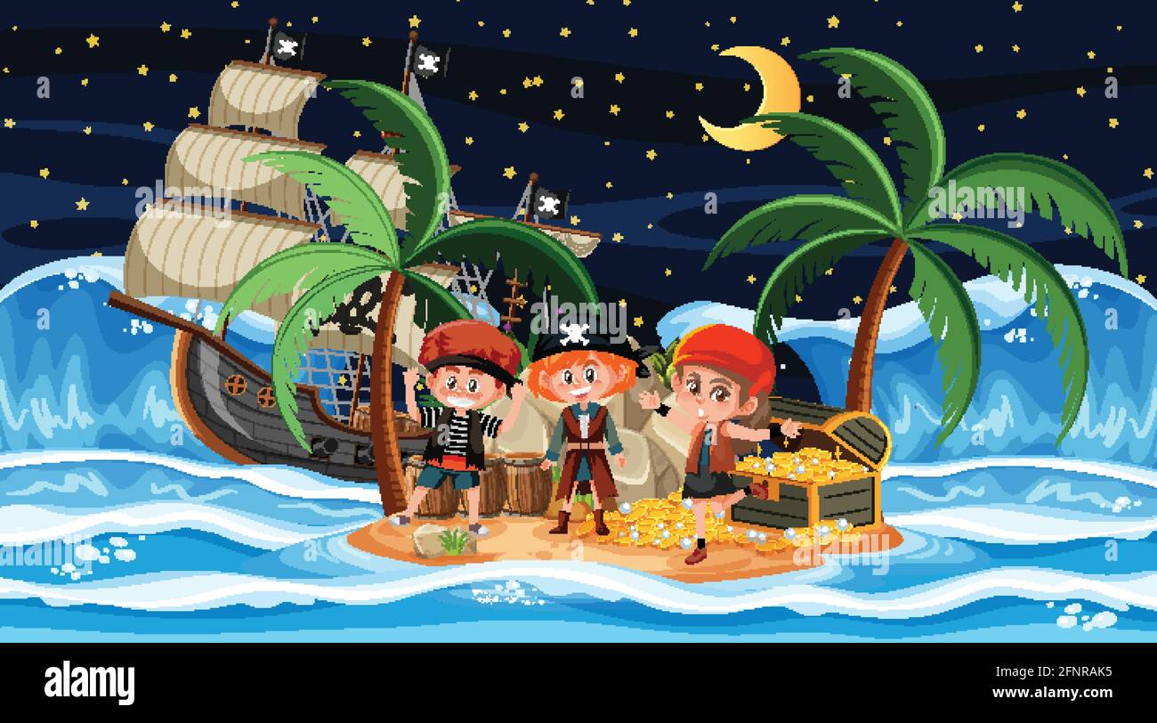 Treasure Island scene at night with Pirate kids illustration Stock ...