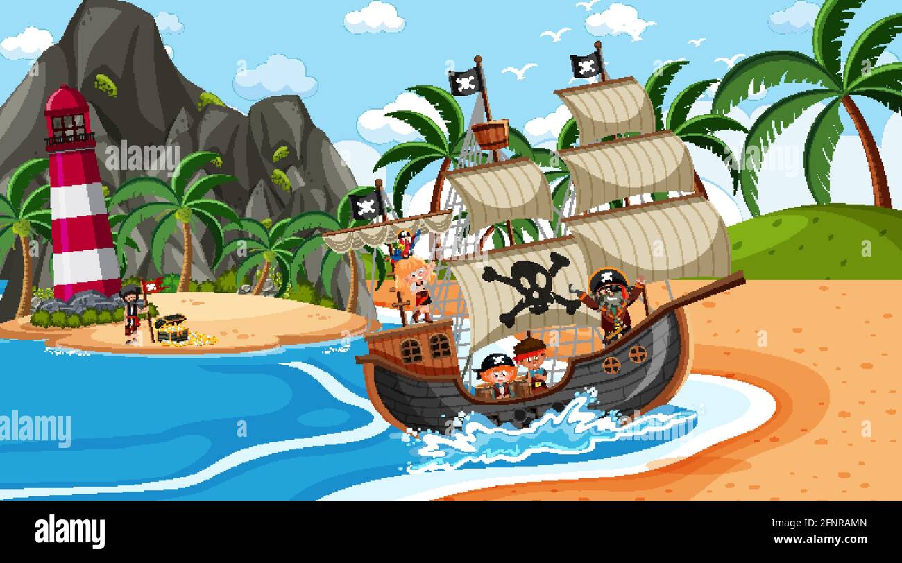 Beach with Pirate ship at daytime scene in cartoon style illustration ...