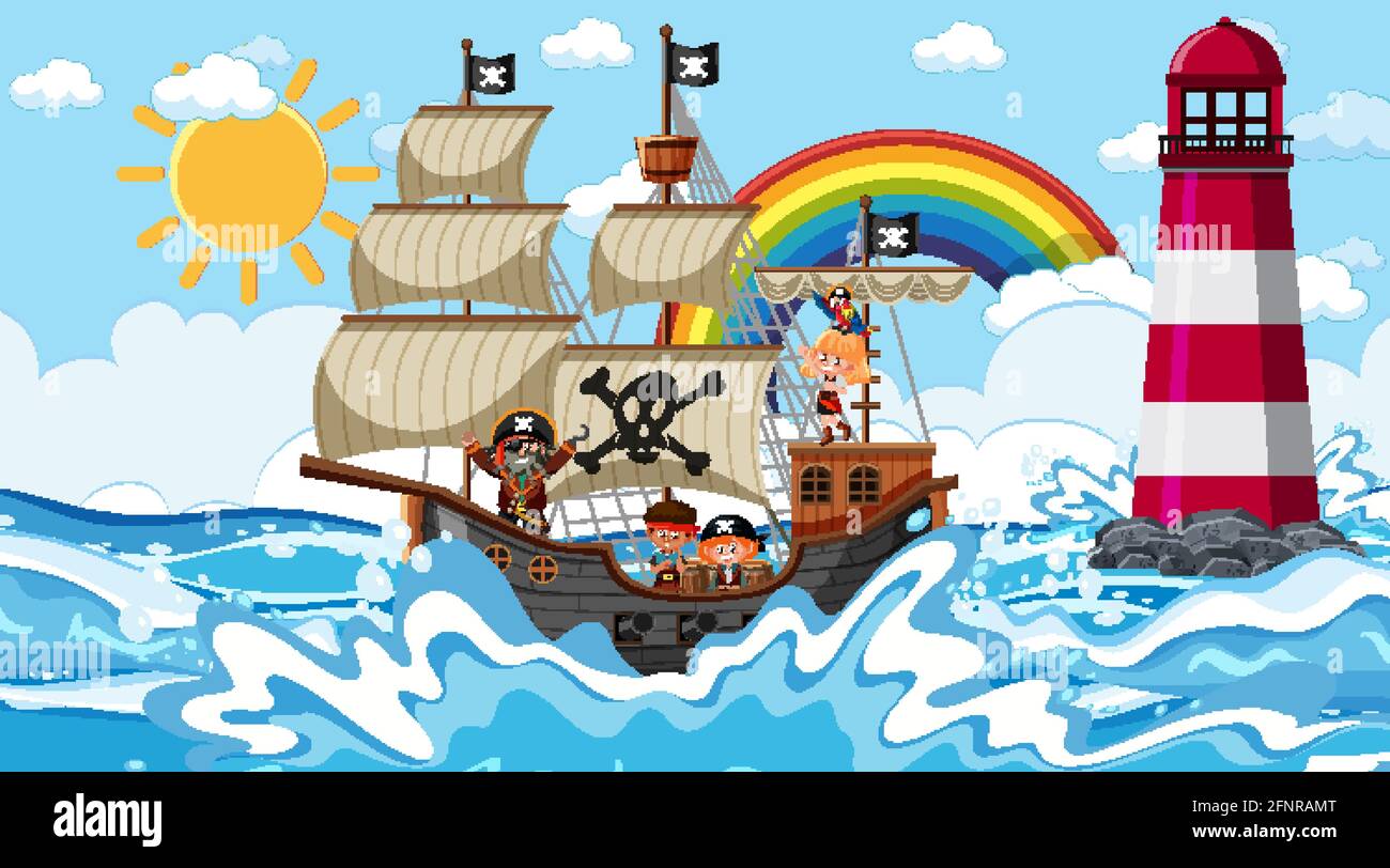 Beach with Pirate ship at daytime scene in cartoon style illustration ...