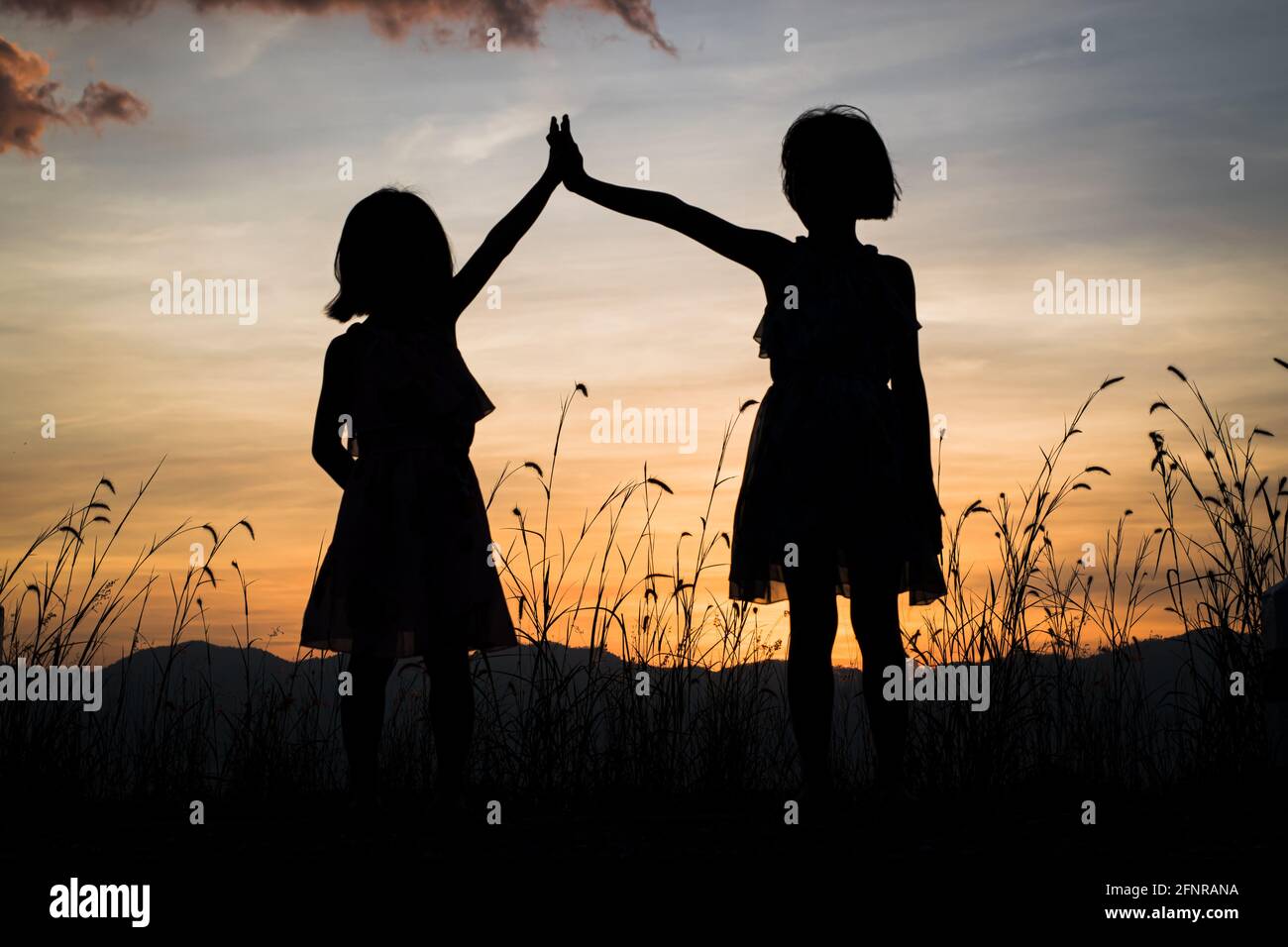 Silhouette of children sisters standing hand holding on meadow, sunset background Stock Photo - Alamy Silhouette of children sisters standing hand holding on meadow, sunset background Stock Photo - Alamy