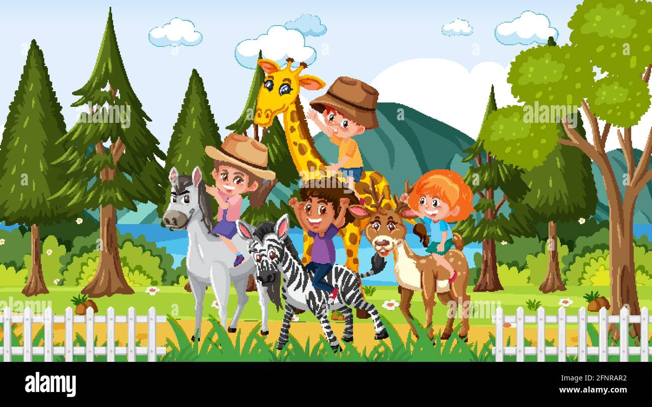 zoo-scene-with-many-kids-playing-with-zoo-animals-illustration-stock