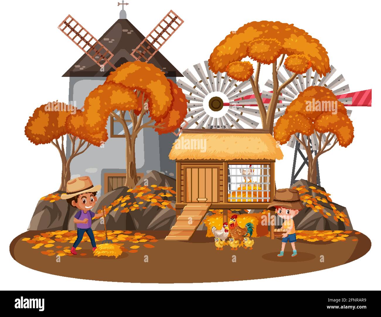 Farmer house with children on white background illustration Stock ...