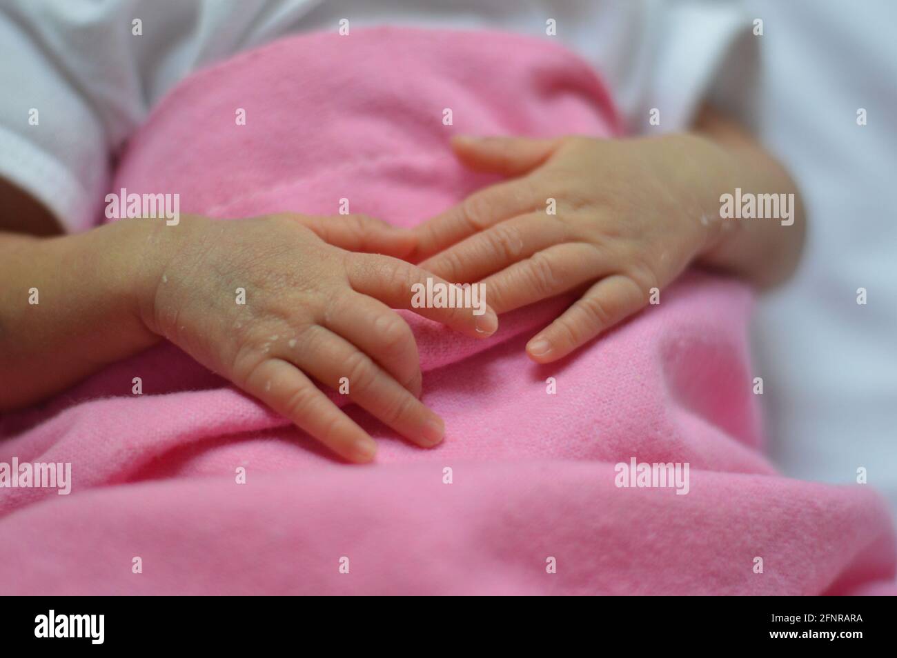 Newborn Baby Hands Touching in Pink Blanket Stock Photo