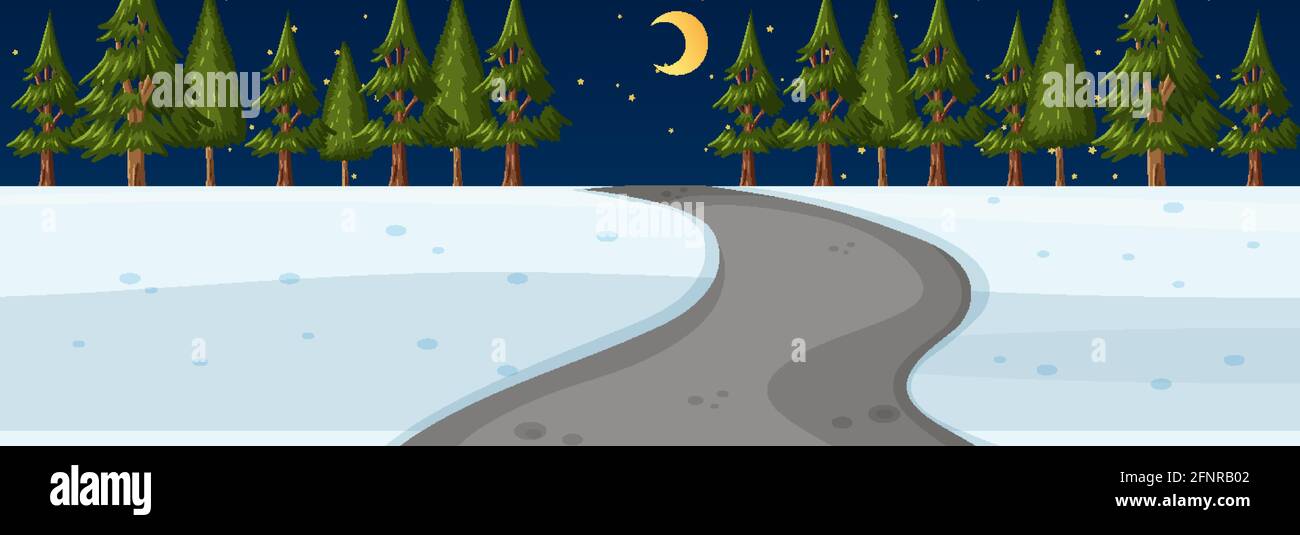 Winter season with road through the park at night time horizontal scene ...