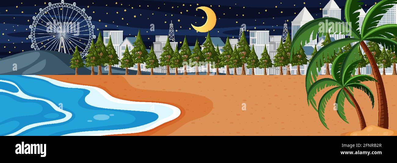 Beach horizontal scene at night with cityscape background illustration ...