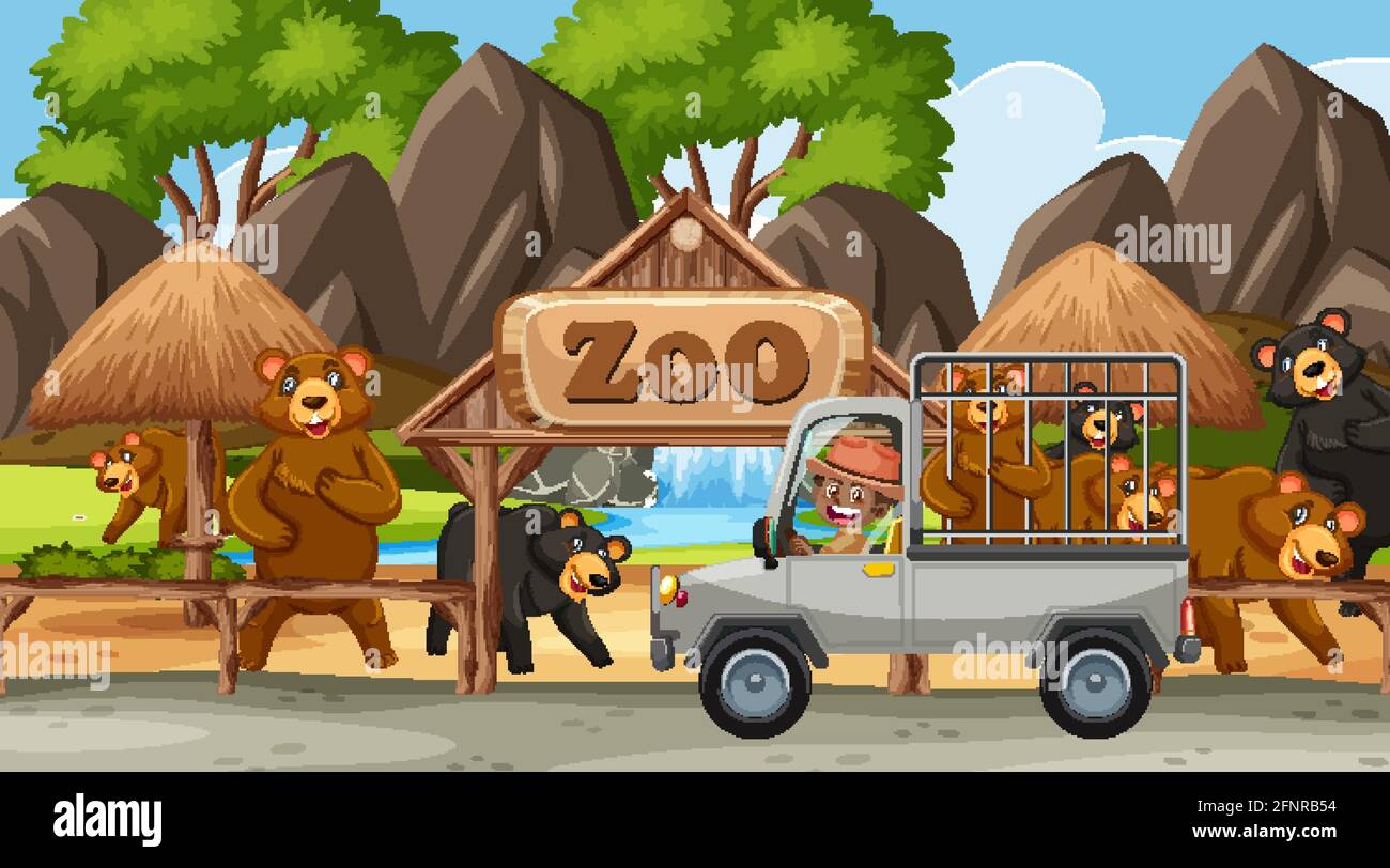 Safari scene with many bears in the cage car illustration Stock Vector ...
