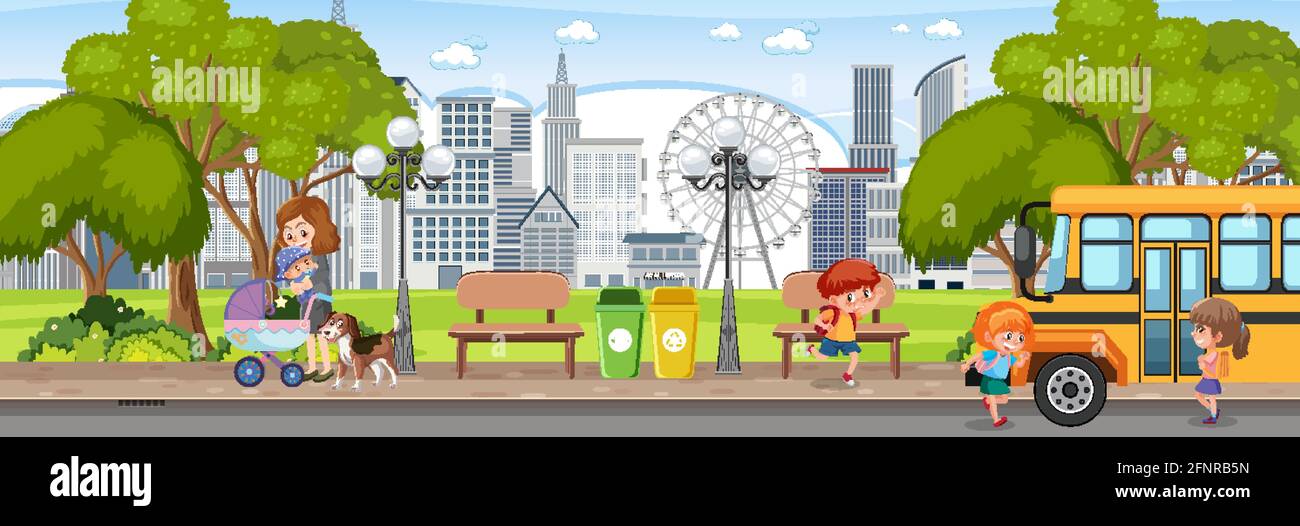City park horizontal scene with many people illustration Stock Vector ...