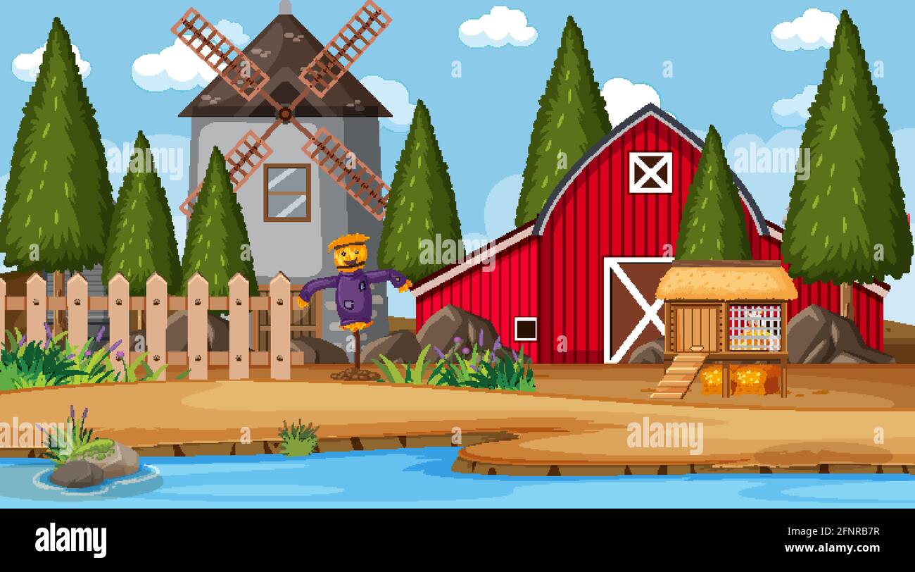 Empty farm scene with red barn and windmill illustration Stock Vector ...