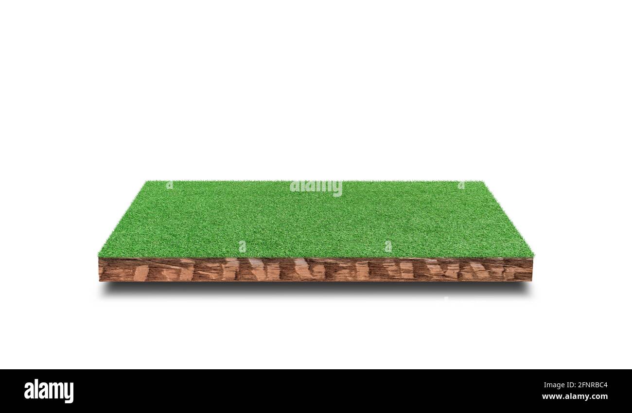Soil cubic cross section with green grass field isolated on white ...