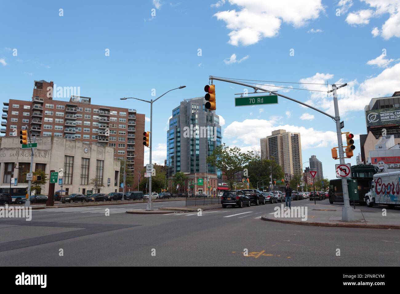 intersection of Queens Boulevard and 70th road in Forest Hills, Queens, New York, Ridgewood Savings Bank on the left Stock Photo