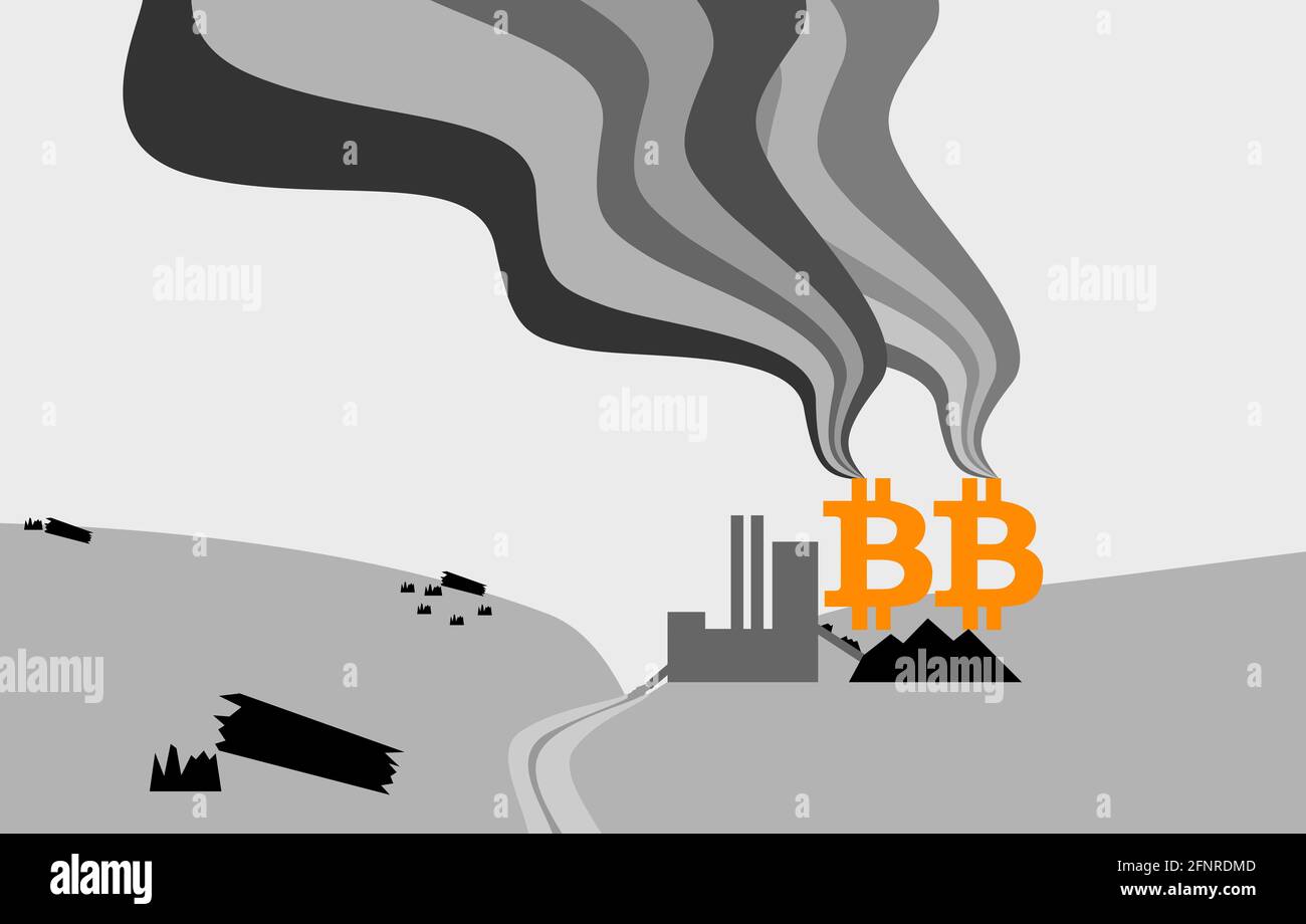 Power station with bitcoin cooling towers illustration, bitcoin mining  using fossil fuels creating increase in carbon pollution Stock Photo - Alamy