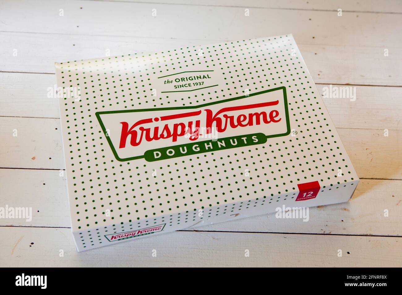 Box of dozen Krispy Kreme donuts - USA Stock Photo