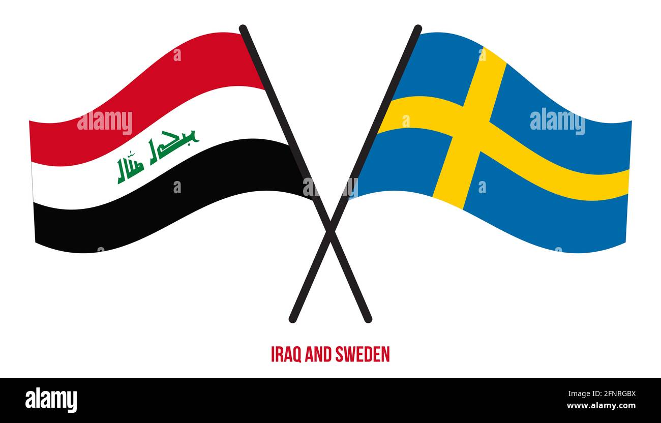 Iraq and Sweden Flags Crossed And Waving Flat Style. Official Proportion. Correct Colors. Stock Photo