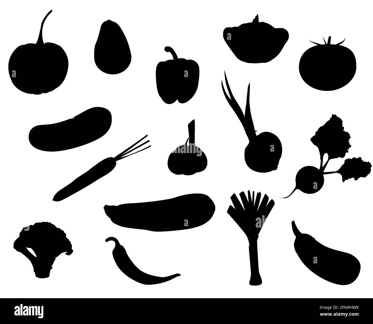 a set of vegetable silhouettes. onion, garlic, beetroot, avocado, pumpkin, broccoli eggplant, leek, pepper, squash, squash chili pepper vector isolate Stock Vector