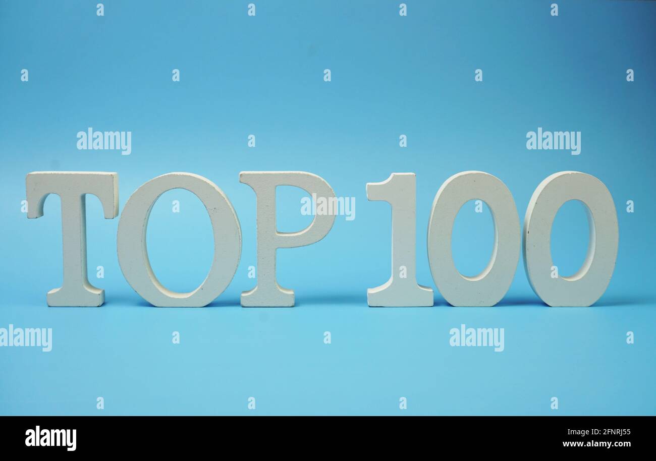 Top 100 word alphabet letters on blue background Stock Photo