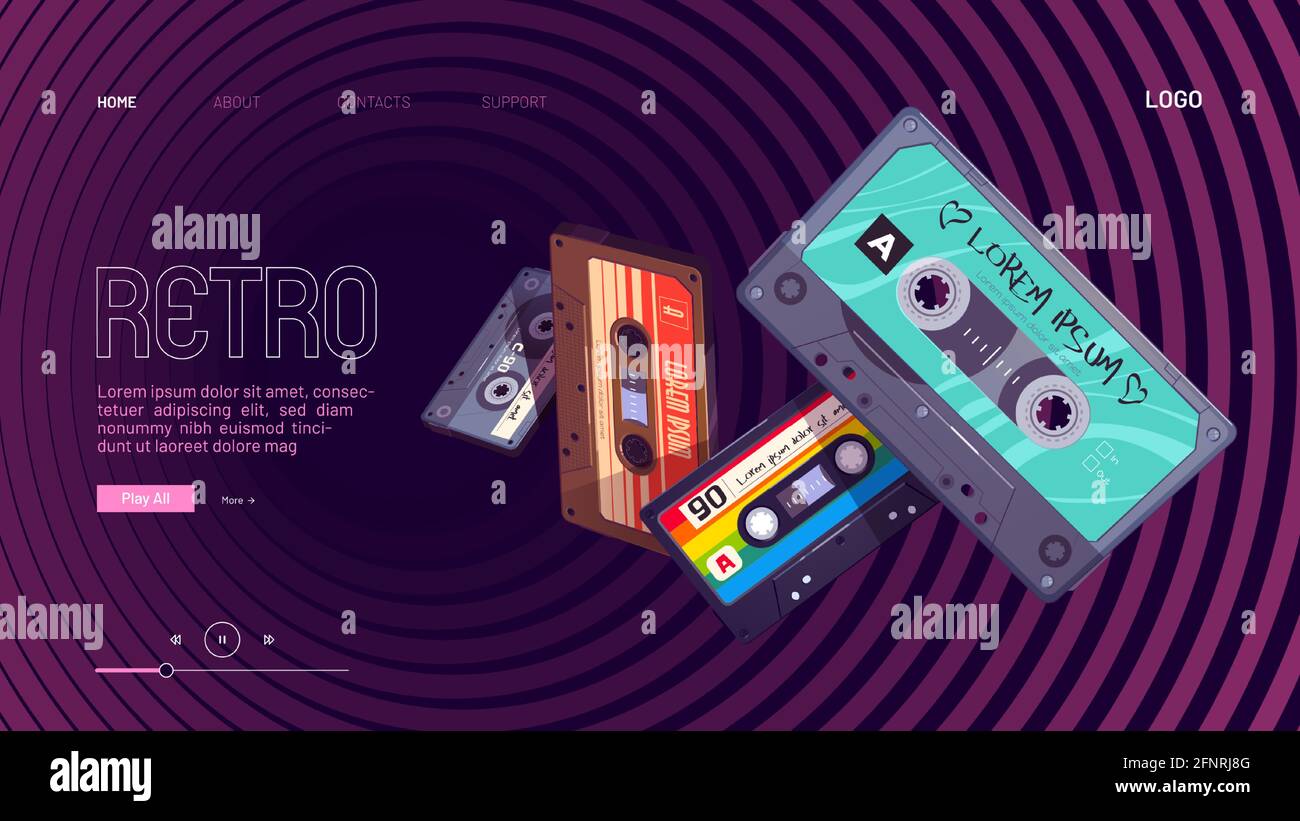 Retro mixtapes cartoon landing page with audio mix tapes falling into hypnotic pattern. Cassettes, media or music store ad in vintage style, analog multimedia devices, Vector illustration Stock Vector
